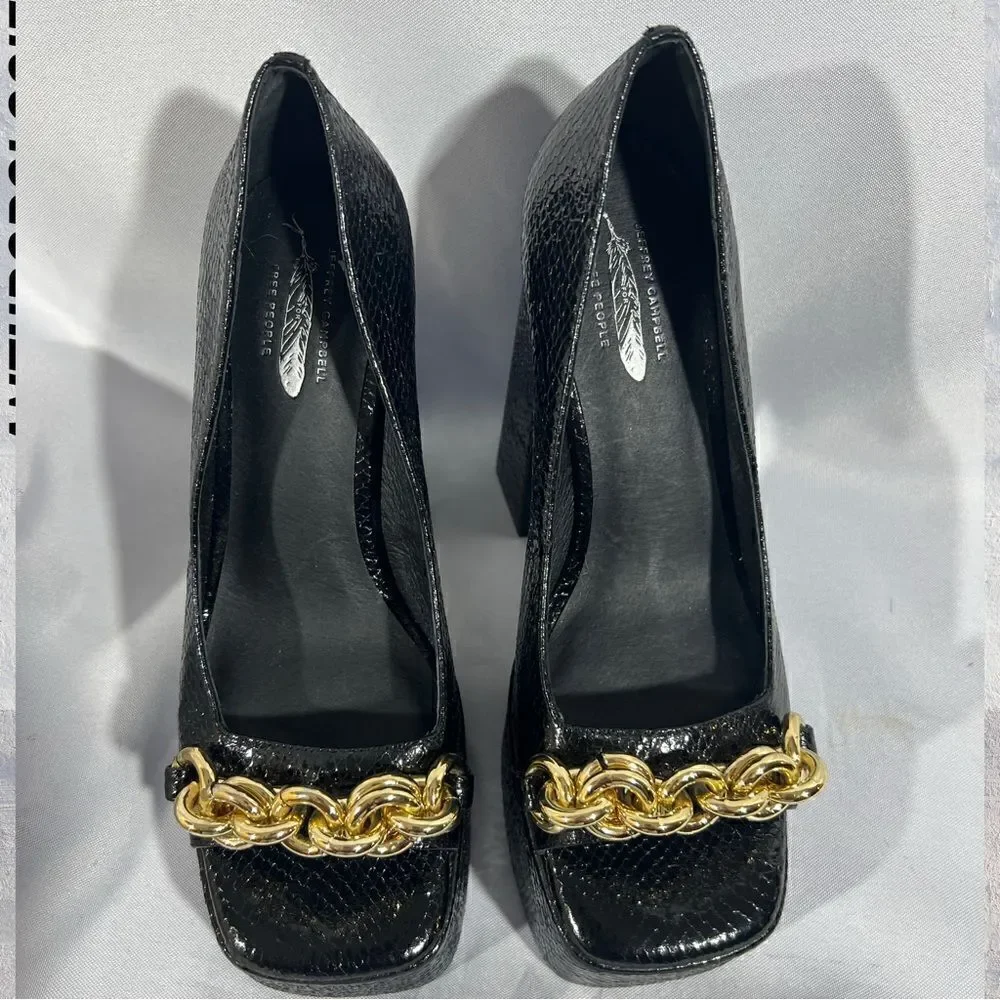 JEFFREY CAMPBELL CASEY CHAIN PLATFORM HEELS IN BLACK SNAKE SIZE 8